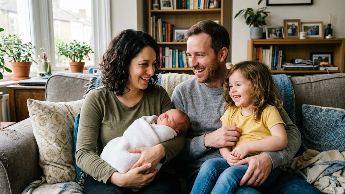 A family of four together on the sofa with their new baby