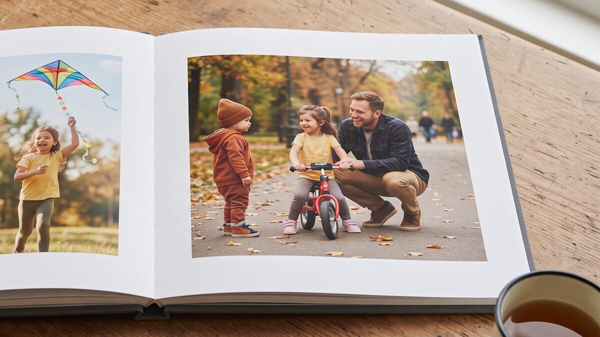 A printed family photo book open at a spread of autumn photos