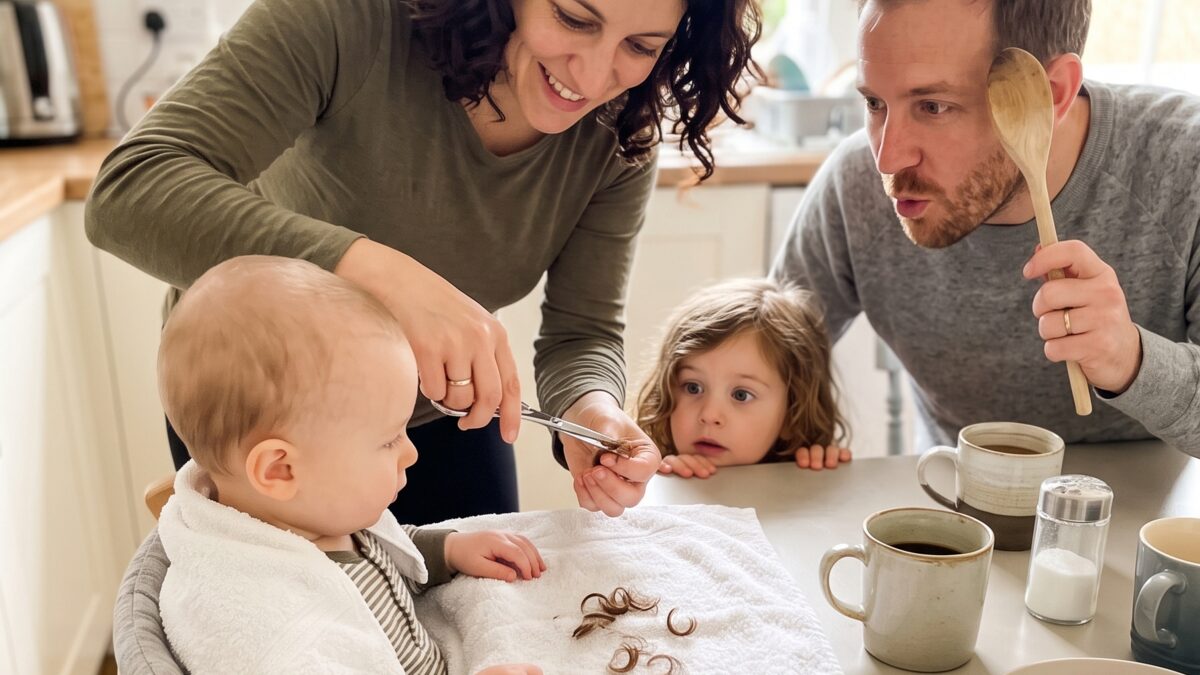 A toddler having their first haircut at home