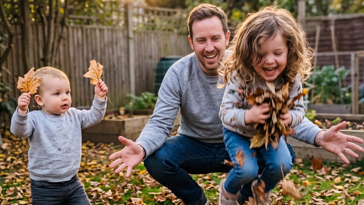 Children jumping into a pile of autumn leaves