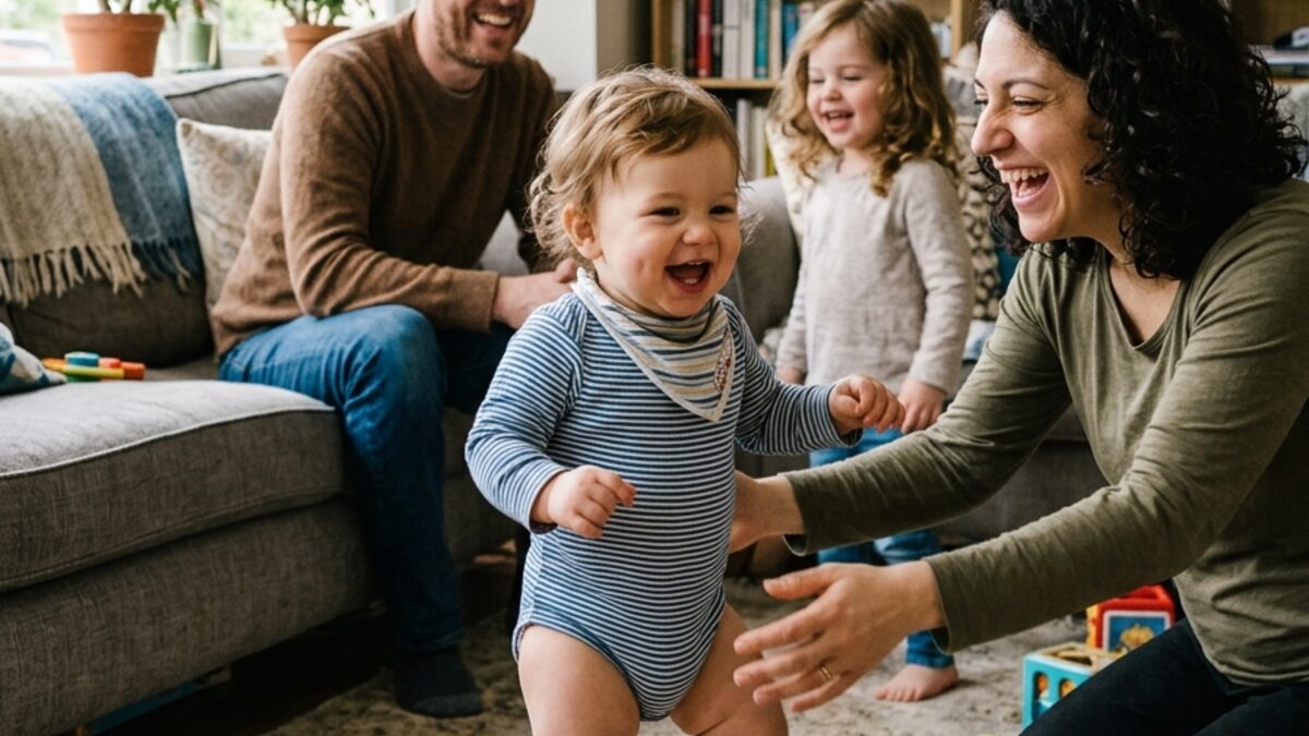 A baby taking their first steps towards a parent