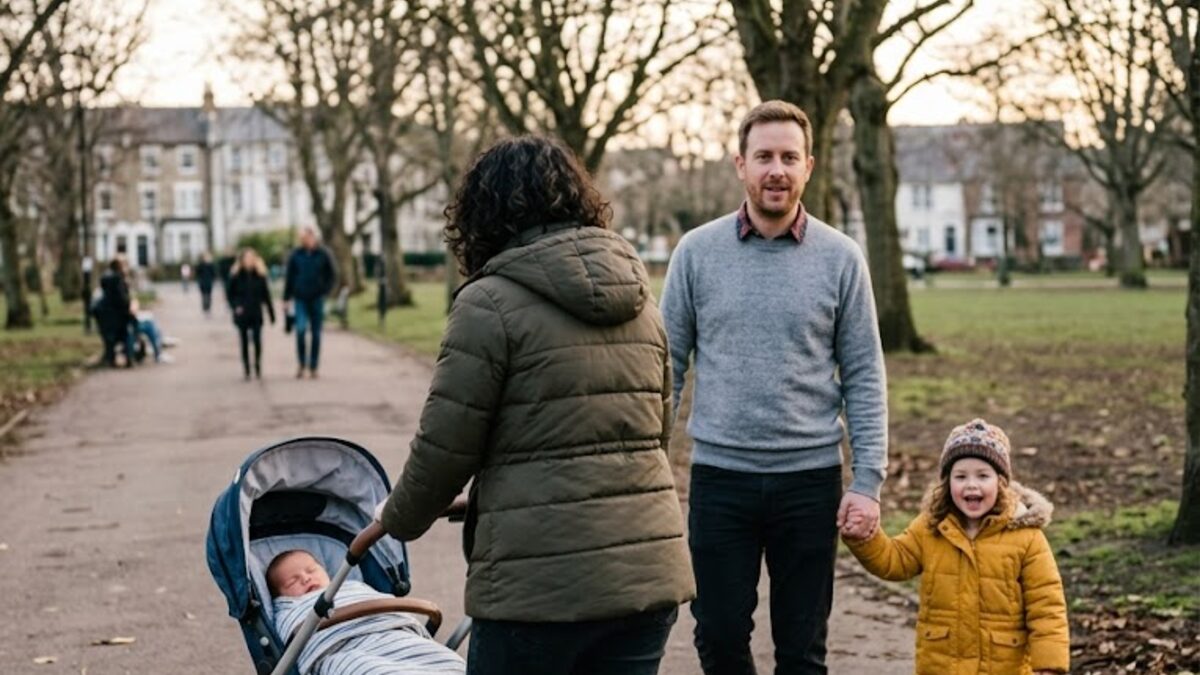 A family walking through the park with a stroller