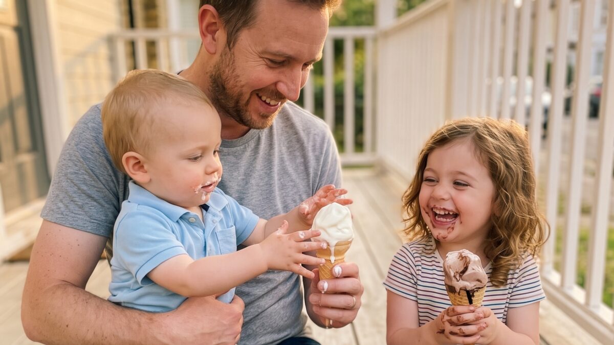 A family eating ice cream on the front steps