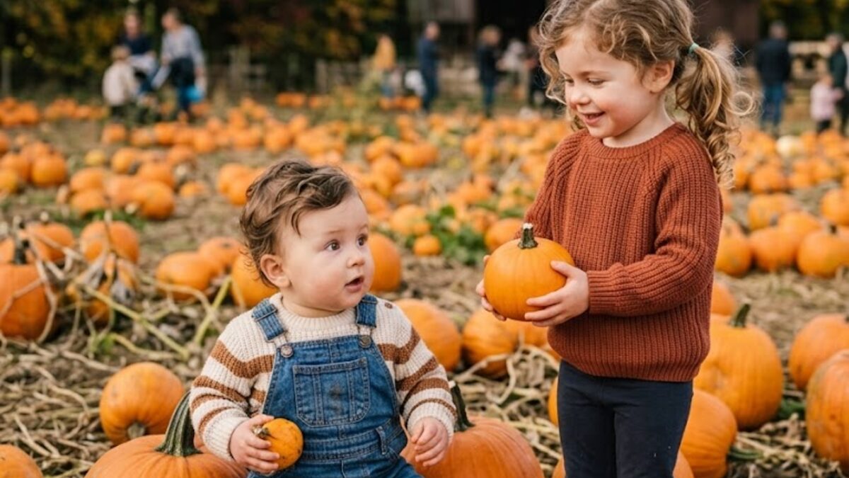 Two children sitting among pumpkins at a pumpkin patch