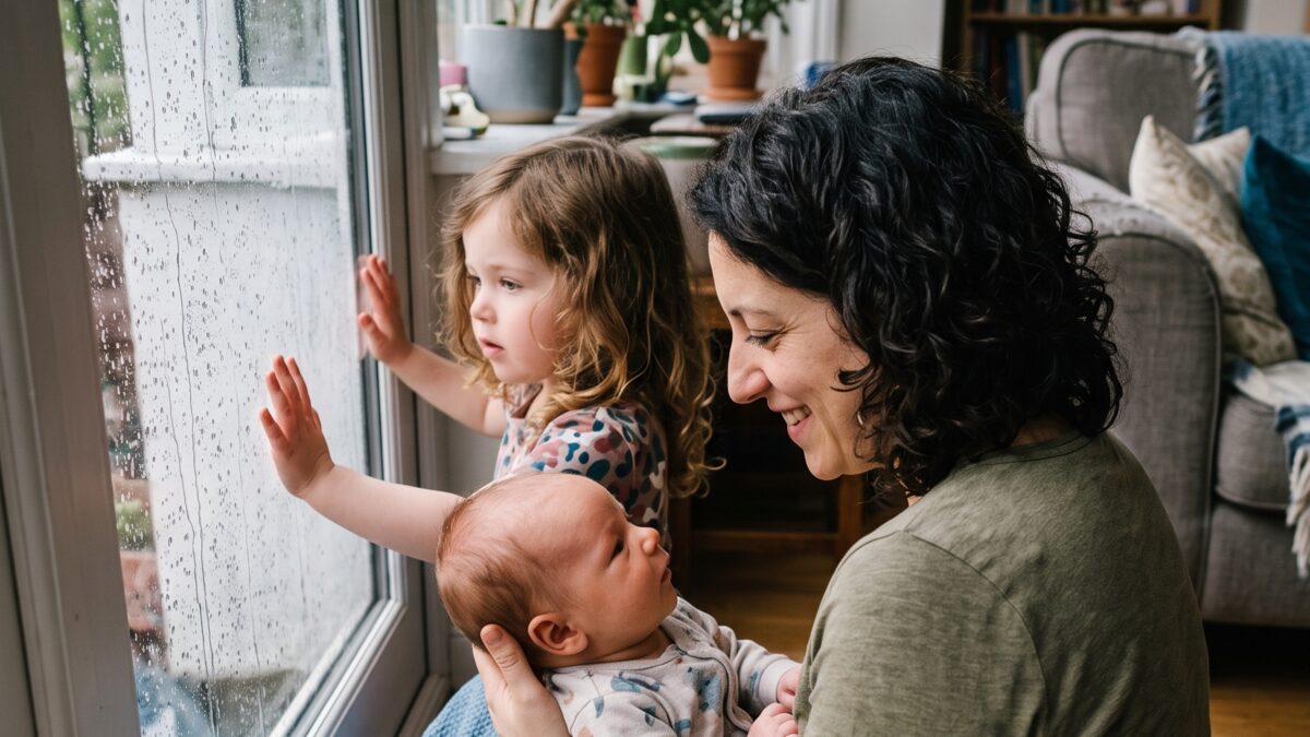 A toddler and parent looking out of a rainy window