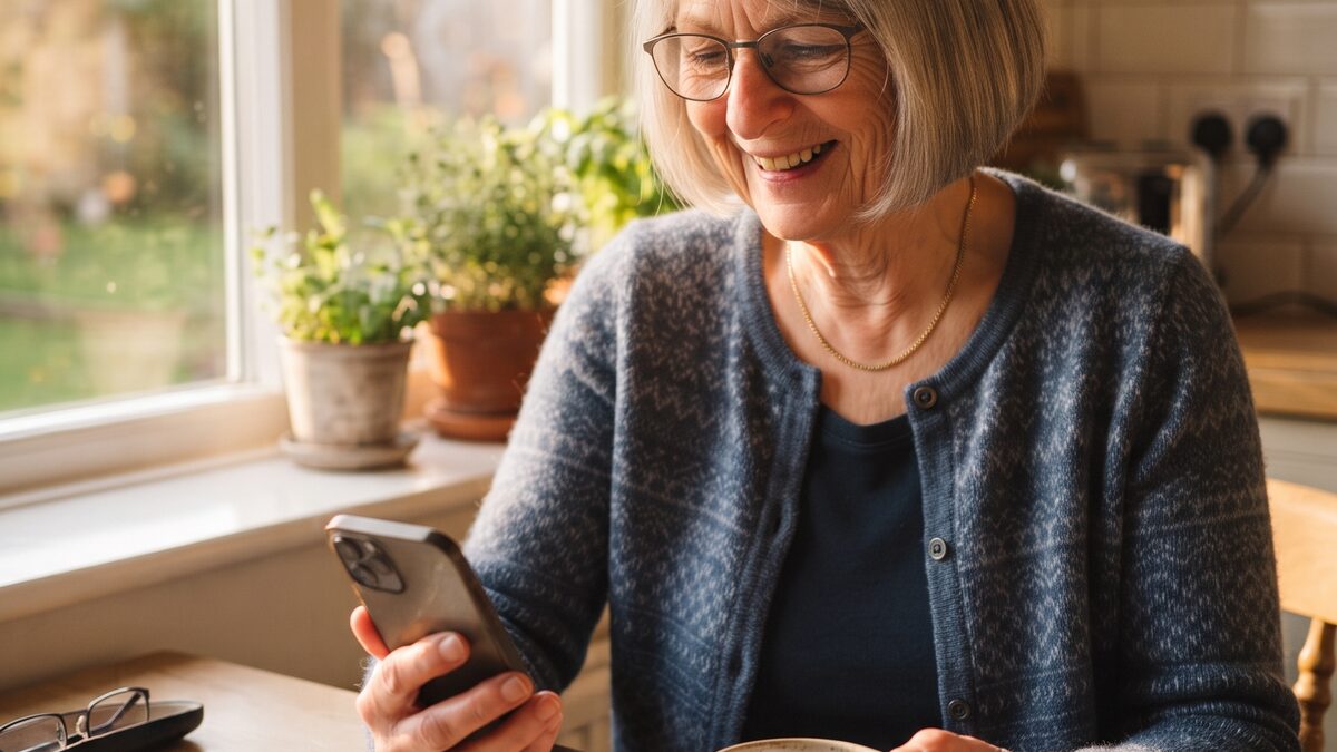 A grandmother at her sunny kitchen table smiling at photos on her phone