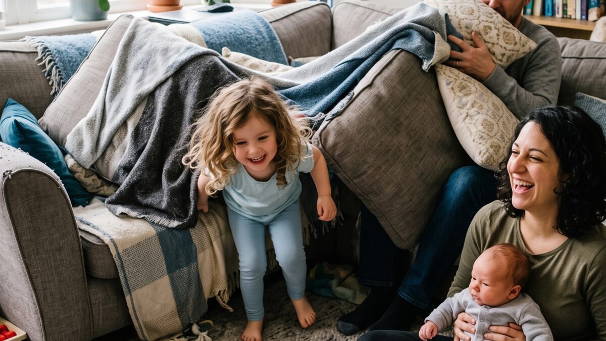 A family inside a blanket fort in the living room