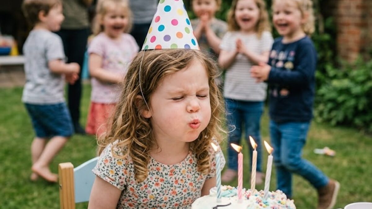 A child blowing out candles at a garden birthday party