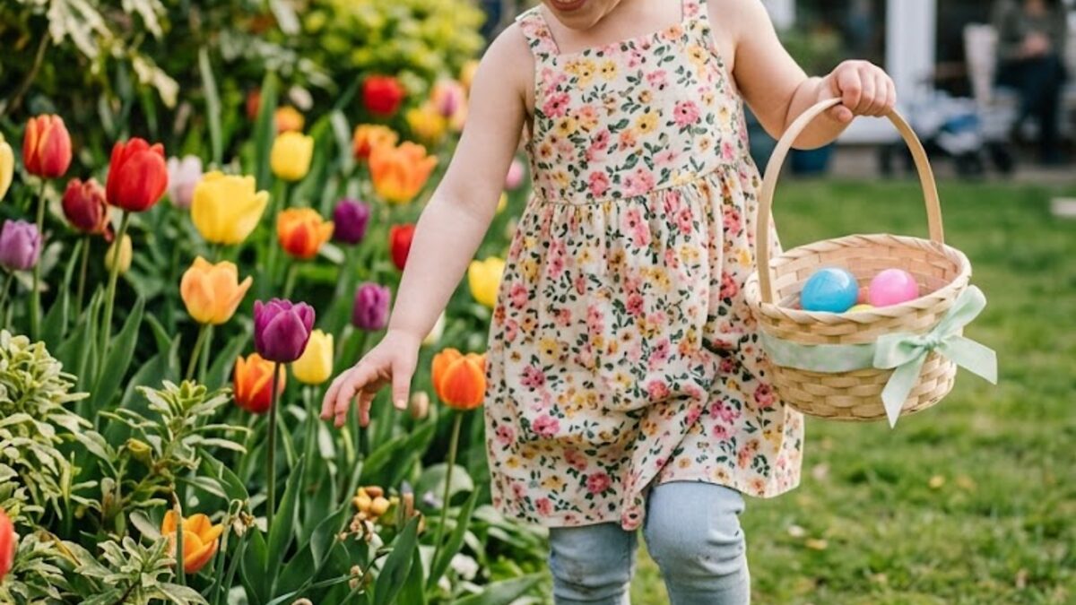 A child hunting for Easter eggs in a spring garden