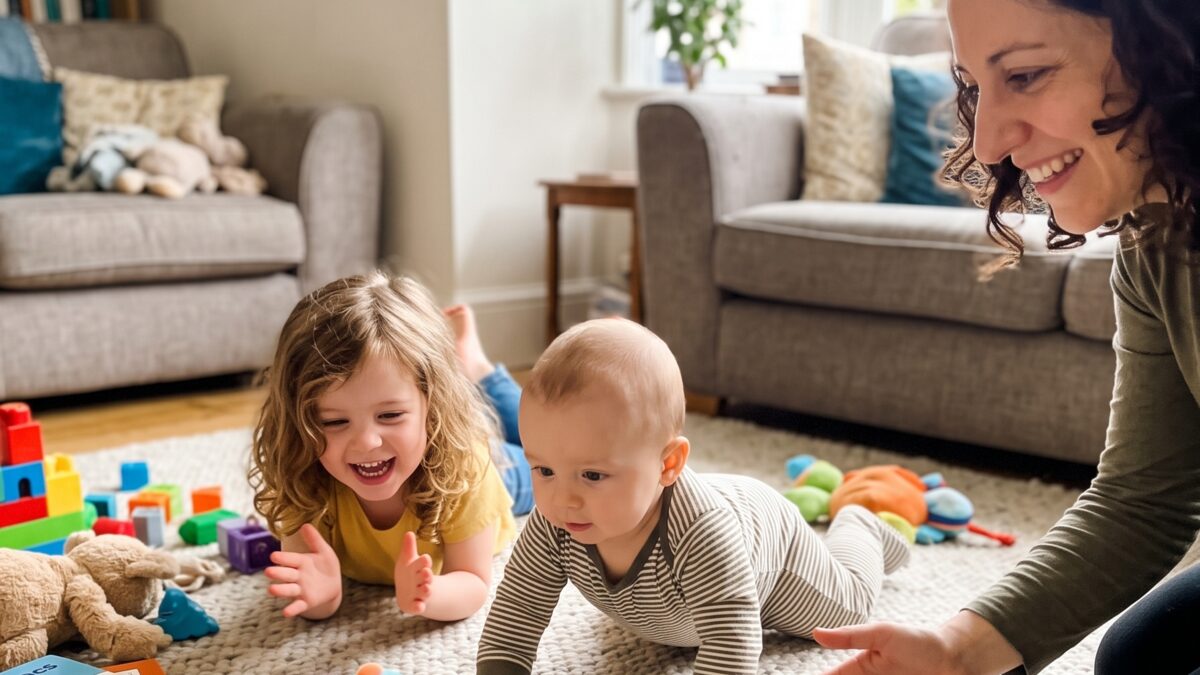 A baby crawling towards a parent on the rug
