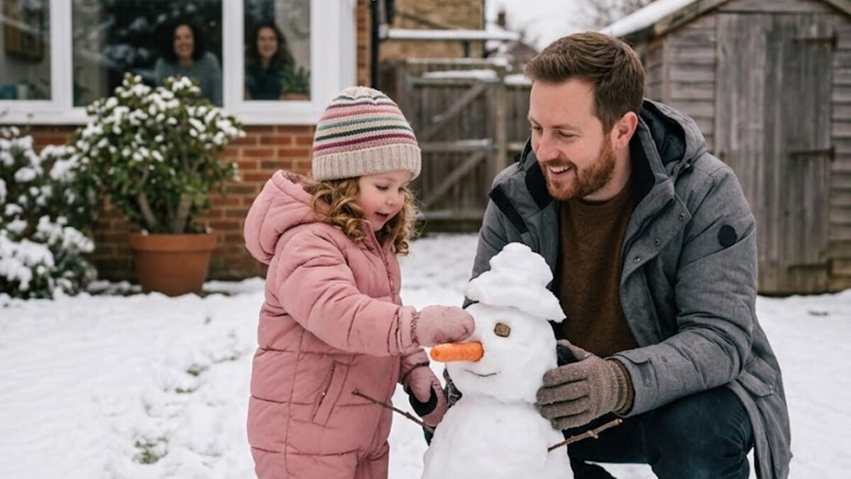 A child and parent building a snowman