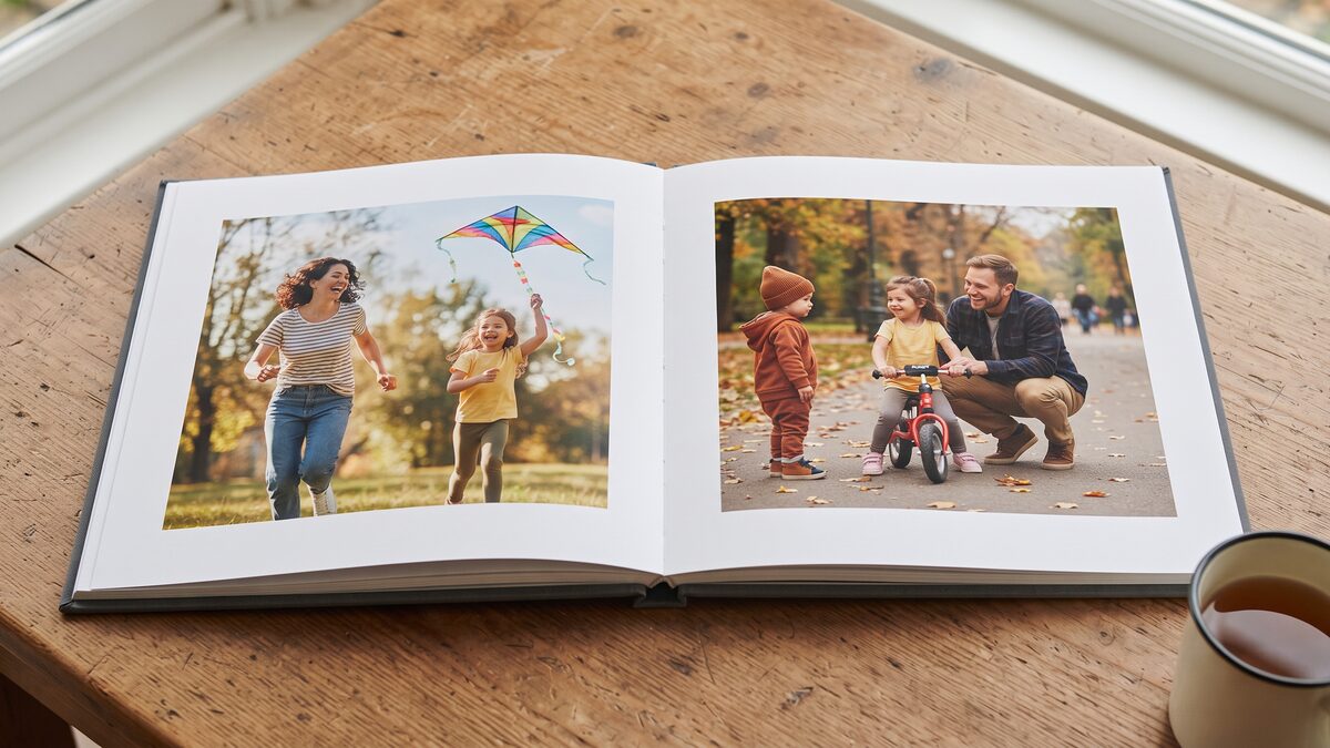 An open printed photo book of family photos on a wooden table
