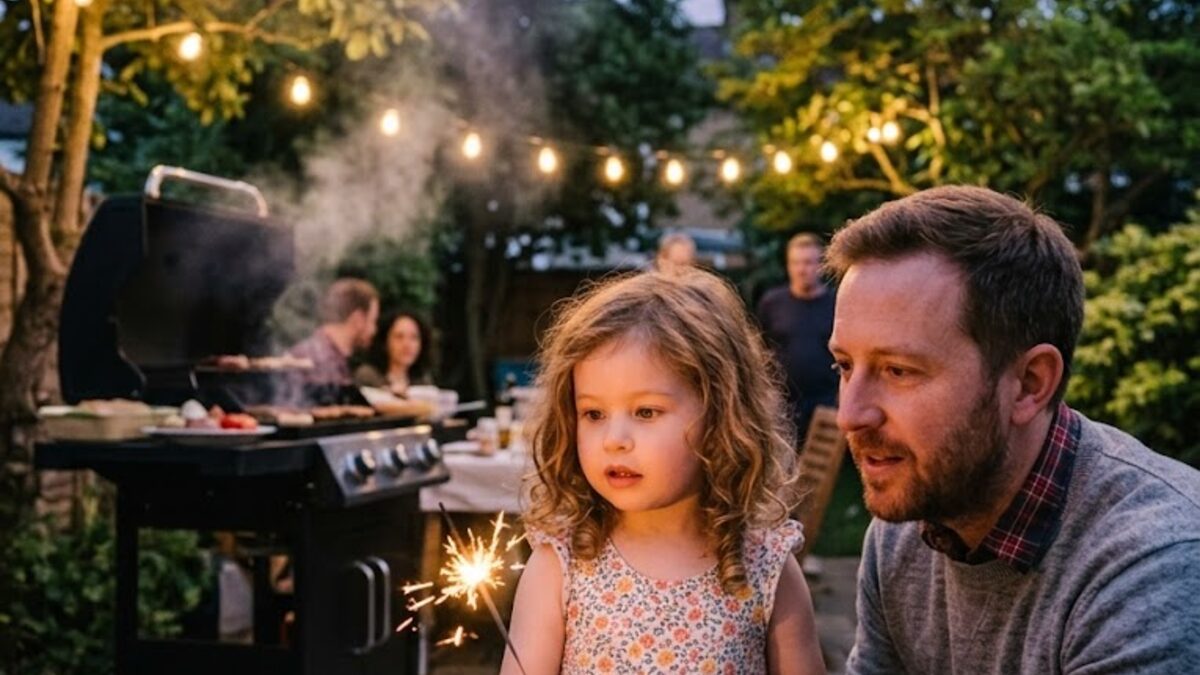 A family barbecue in the back garden at dusk