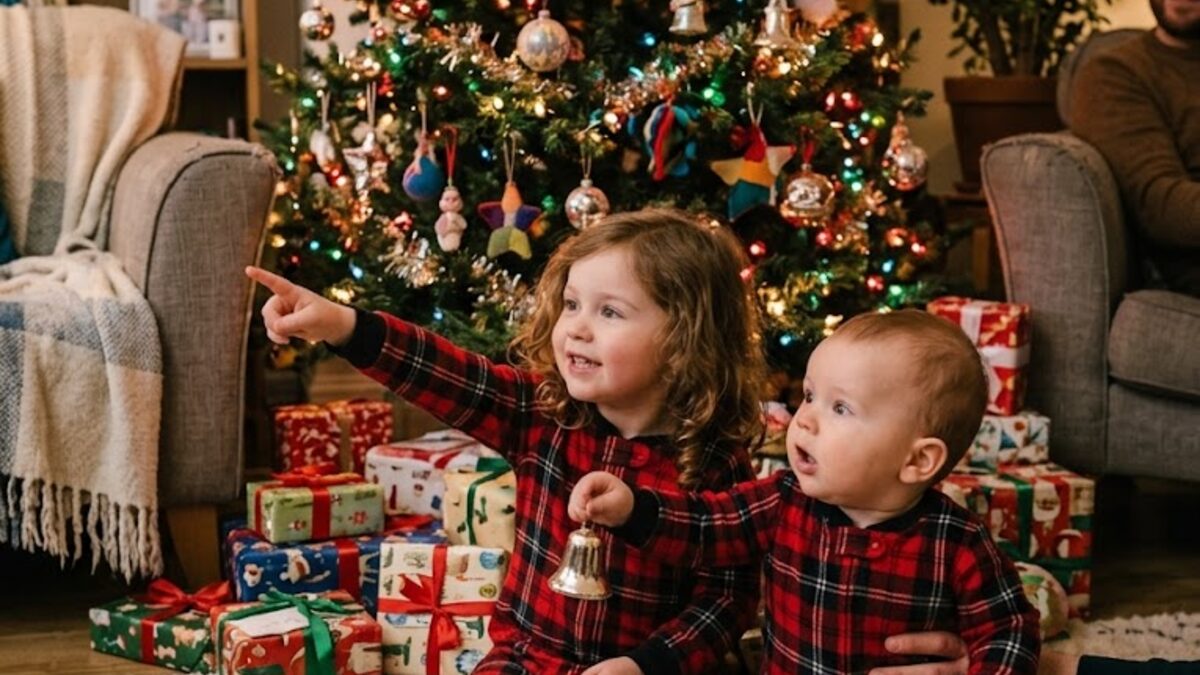 Two children in matching pyjamas by the Christmas tree