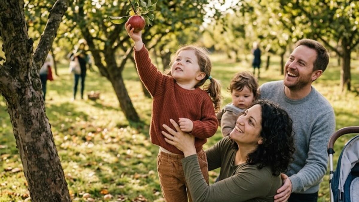 A family picking apples in an orchard