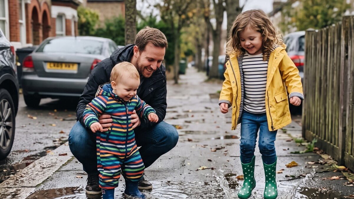 Children splashing in puddles in wellington boots