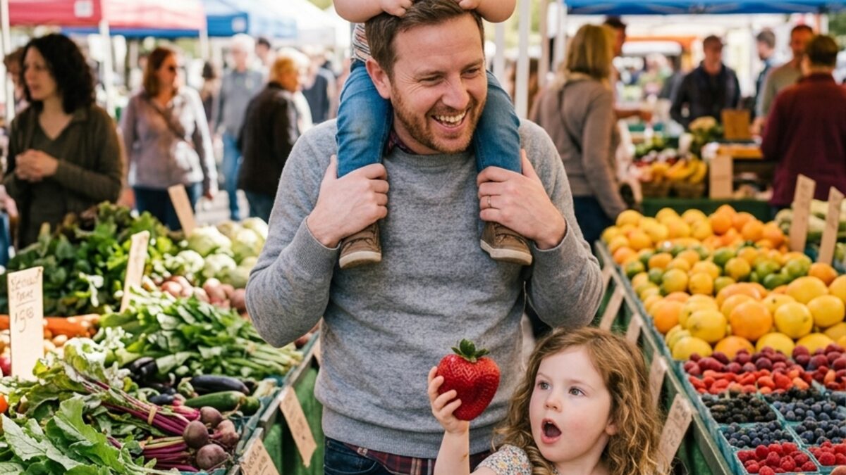 A parent carrying a toddler on their shoulders at a market