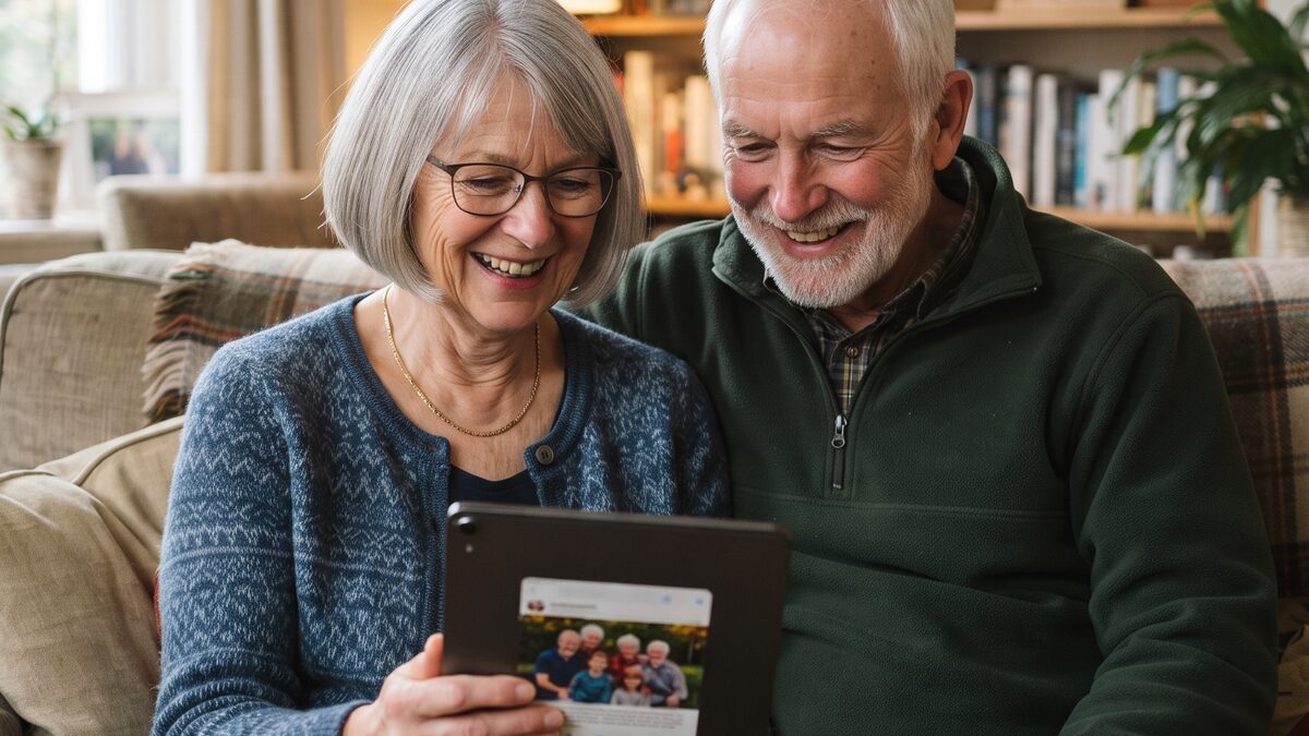 Grandparents looking together at family photos on a tablet