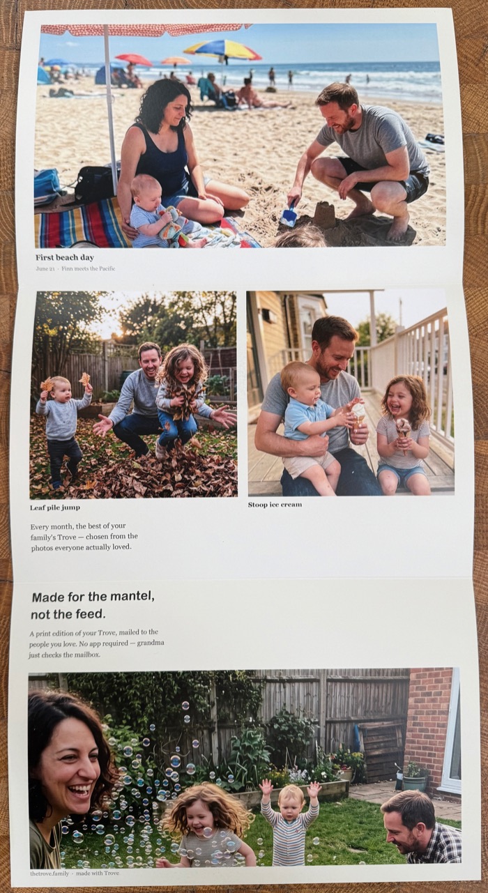 The Paper Edition opened out on a kitchen table — 'First beach day', 'Leaf pile jump', and 'Made for the mantel, not the feed'